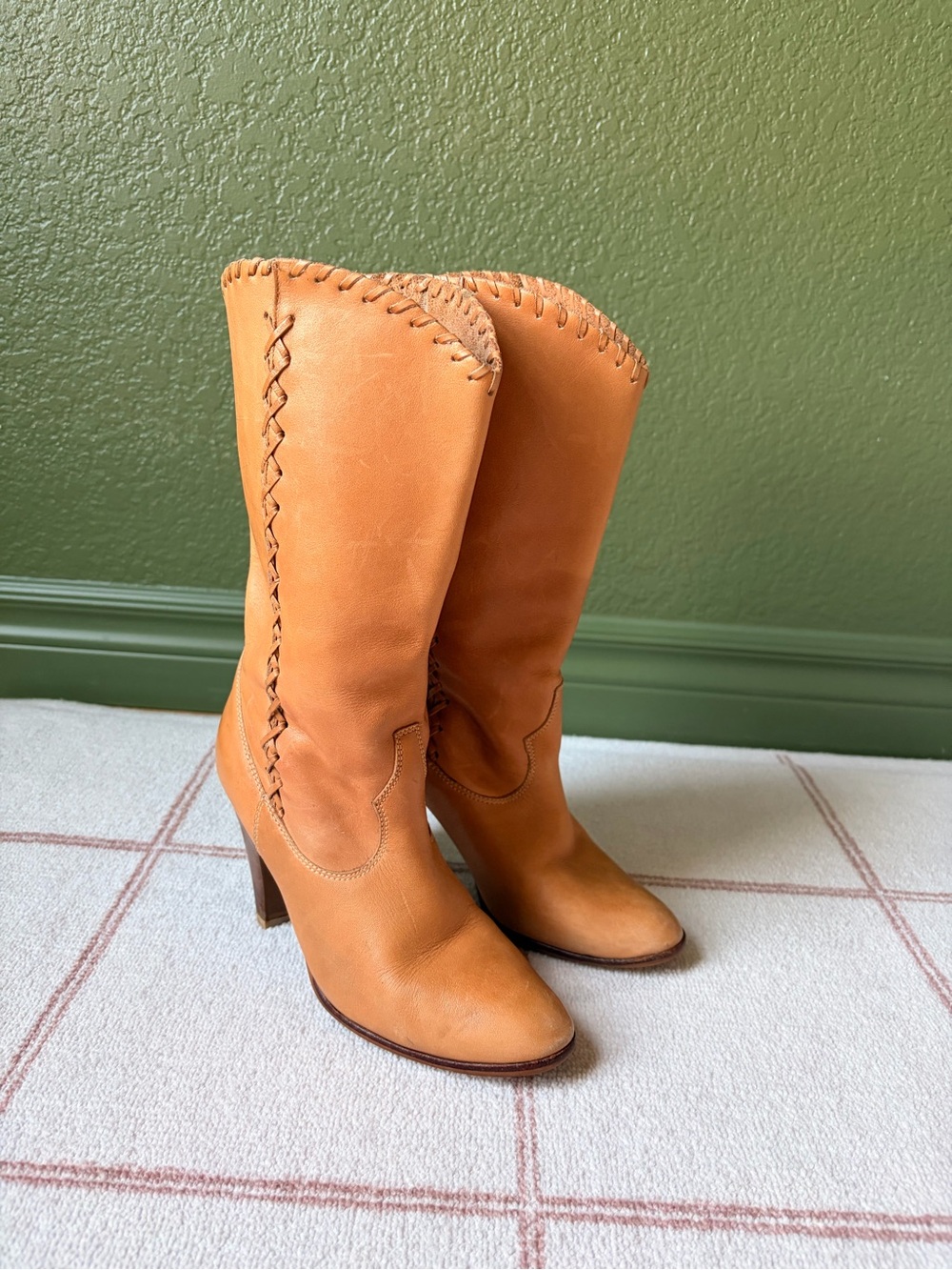Tan Leather Mid-Calf Heeled Boots with Whipstitch Detail